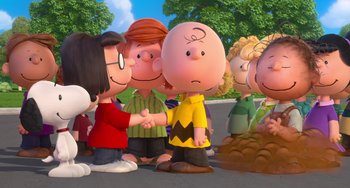Movie still from “The Peanuts Movie” (2015), directed by Steve Martino – A group of people standing next to each other on the street; Extreme Wide shot, Over the shoulder angle
