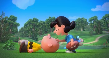 Movie still from “The Peanuts Movie” (2015), directed by Steve Martino – A charlie brown and lucy character in the peanuts movie; Extreme Wide shot, High angle