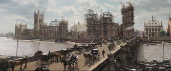 Movie still from “The Personal History of David Copperfield” (2019), directed by Armando Iannucci – An image of an old city being built; Extreme Wide shot, High angle