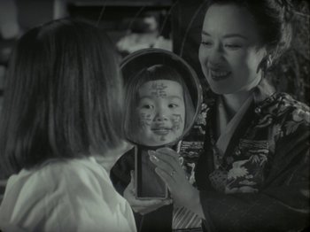 Movie still from “The Pillow Book” (1995), directed by Peter Greenaway – A woman is looking into a mirror while a child is looking at it in the mirror; Close Up shot, High angle