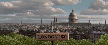 Movie still from “The Pirates! Band of Misfits” (2012), directed by Jeff Newitt – A view of a city from a distance with clouds in the background; Extreme Wide shot, Low angle