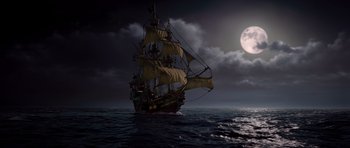 Movie still from “The Pirates! Band of Misfits” (2012), directed by Jeff Newitt – A pirate ship in the middle of the night; Extreme Wide shot, Low angle