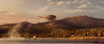 Movie still from “The Pirates! Band of Misfits” (2012), directed by Jeff Newitt – An image of an animal that is flying in the air; Extreme Wide shot, Low angle