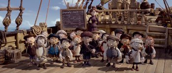Movie still from “The Pirates! Band of Misfits” (2012), directed by Jeff Newitt – A group of people standing next to each other on a dock; Wide shot, High angle
