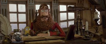 Movie still from “The Pirates! Band of Misfits” (2012), directed by Jeff Newitt – A man with a long beard sitting at a table; Close Up shot, Low angle