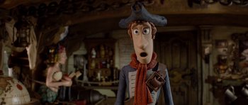 Movie still from “The Pirates! Band of Misfits” (2012), directed by Jeff Newitt – A character from the animated movie toy story; Close Up shot, Over the shoulder angle