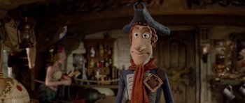 Movie still from “The Pirates! Band of Misfits” (2012), directed by Jeff Newitt – A toy character in a room; Medium shot, Over the shoulder angle