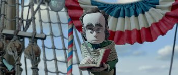 Movie still from “The Pirates! Band of Misfits” (2012), directed by Jeff Newitt – A statue of a man holding a book on top of a boat; Close Up shot, High angle