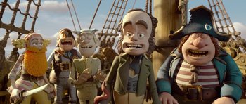 Movie still from “The Pirates! Band of Misfits” (2012), directed by Jeff Newitt – A group of people standing next to each other on a boat; Medium shot, Low angle
