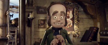 Movie still from “The Pirates! Band of Misfits” (2012), directed by Jeff Newitt – A cartoon of a man with a bald head; Medium shot, Low angle