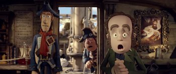 Movie still from “The Pirates! Band of Misfits” (2012), directed by Jeff Newitt – A group of cartoon characters with one of them looking surprised; Medium shot, Over the shoulder angle