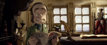 Movie still from “The Pirates! Band of Misfits” (2012), directed by Jeff Newitt – A statue of edgar allan poe reading a newspaper in a room; Medium shot, Low angle