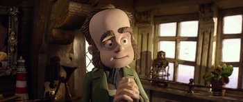 Movie still from “The Pirates! Band of Misfits” (2012), directed by Jeff Newitt – A fake head of a man in a green jacket; Close Up shot, Over the shoulder angle