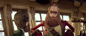 Movie still from “The Pirates! Band of Misfits” (2012), directed by Jeff Newitt – A cartoon character with a beard; Close Up shot, Over the shoulder angle