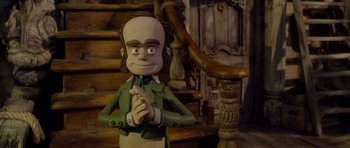 Movie still from “The Pirates! Band of Misfits” (2012), directed by Jeff Newitt – A cartoon of a man in a green jacket; Medium shot, Low angle