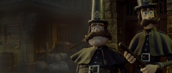 Movie still from “The Pirates! Band of Misfits” (2012), directed by Jeff Newitt – A statue of a man with a beard; Close Up shot, Low angle