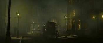 Movie still from “The Pirates! Band of Misfits” (2012), directed by Jeff Newitt – An old fashioned car parked on a street at night; Extreme Wide shot, Low angle