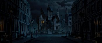 Movie still from “The Pirates! Band of Misfits” (2012), directed by Jeff Newitt – A dark street with a lot of buildings in the background; Extreme Wide shot, High angle