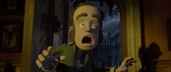 Movie still from “The Pirates! Band of Misfits” (2012), directed by Jeff Newitt – A cartoon of a man with a surprised look on his face; Medium shot, Low angle