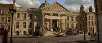 Movie still from “The Pirates! Band of Misfits” (2012), directed by Jeff Newitt – An old fashioned building with a horse and carriage in front of it; Extreme Wide shot, Low angle