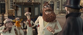 Movie still from “The Pirates! Band of Misfits” (2012), directed by Jeff Newitt – A man with a beard and glasses is standing next to a woman; Medium shot, Over the shoulder angle