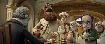 Movie still from “The Pirates! Band of Misfits” (2012), directed by Jeff Newitt – A group of people standing next to each other in a room; Medium shot, Low angle