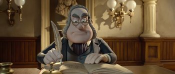 Movie still from “The Pirates! Band of Misfits” (2012), directed by Jeff Newitt – An animated character is writing on an open book; Medium shot, Over the shoulder angle