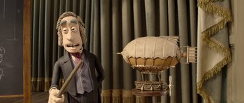 Movie still from “The Pirates! Band of Misfits” (2012), directed by Jeff Newitt – A man standing next to a balloon shaped object; Medium shot, Low angle