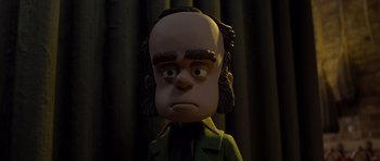 Movie still from “The Pirates! Band of Misfits” (2012), directed by Jeff Newitt – A cartoon of a man with a sad look on his face; Close Up shot, Low angle
