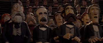 Movie still from “The Pirates! Band of Misfits” (2012), directed by Jeff Newitt – A group of people that are standing in a room; Medium shot, Low angle