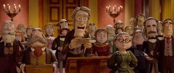 Movie still from “The Pirates! Band of Misfits” (2012), directed by Jeff Newitt – A group of people that are standing in front of a table; Medium shot, Over the shoulder angle