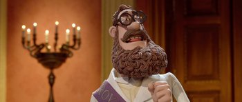 Movie still from “The Pirates! Band of Misfits” (2012), directed by Jeff Newitt – A statue of a man with a beard; Close Up shot, Low angle