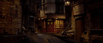 Movie still from “The Pirates! Band of Misfits” (2012), directed by Jeff Newitt – An image of a street scene with a building in the background; Extreme Wide shot, High angle