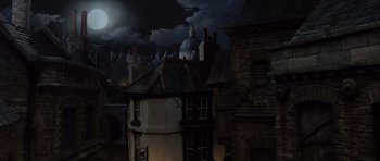 Movie still from “The Pirates! Band of Misfits” (2012), directed by Jeff Newitt – A dark sky with a building in the background; Extreme Wide shot, High angle