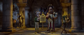 Movie still from “The Pirates! Band of Misfits” (2012), directed by Jeff Newitt – A couple of people that are standing in front of a cage; Wide shot, Low angle