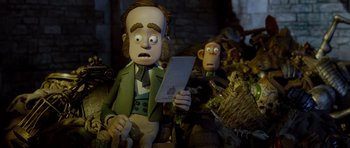 Movie still from “The Pirates! Band of Misfits” (2012), directed by Jeff Newitt – A couple of cartoon characters sitting next to each other; Close Up shot, Low angle