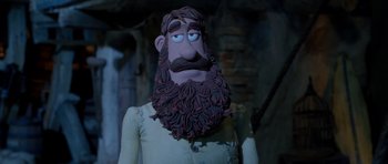 Movie still from “The Pirates! Band of Misfits” (2012), directed by Jeff Newitt – The head of a man with a long beard; Close Up shot, Over the shoulder angle