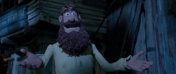 Movie still from “The Pirates! Band of Misfits” (2012), directed by Jeff Newitt – The head of a man with a long beard; Close Up shot, Low angle