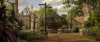 Movie still from “The Pirates! Band of Misfits” (2012), directed by Jeff Newitt – An ornate gazebo sits in the middle of a cemetery; Extreme Wide shot, Low angle