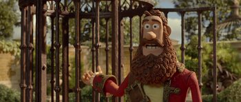 Movie still from “The Pirates! Band of Misfits” (2012), directed by Jeff Newitt – A statue of a man with a long beard; Close Up shot, Low angle