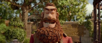 Movie still from “The Pirates! Band of Misfits” (2012), directed by Jeff Newitt – A statue of a man with a beard; Close Up shot, Low angle