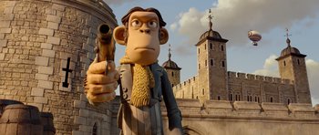 Movie still from “The Pirates! Band of Misfits” (2012), directed by Jeff Newitt – A statue of a man holding a gun in front of a castle; Medium shot, Low angle