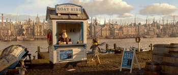 Movie still from “The Pirates! Band of Misfits” (2012), directed by Jeff Newitt – A toy boat that is on the beach; Wide shot, High angle