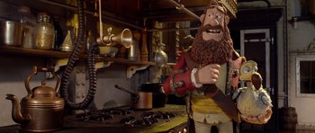 Movie still from “The Pirates! Band of Misfits” (2012), directed by Jeff Newitt – A cartoon character is standing in front of a stove; Medium shot, Over the shoulder angle