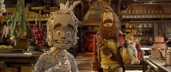 Movie still from “The Pirates! Band of Misfits” (2012), directed by Jeff Newitt – Two figurines in a room; Medium shot, Low angle