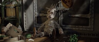 Movie still from “The Pirates! Band of Misfits” (2012), directed by Jeff Newitt – An image of a stuffed animal in a room; Medium shot, High angle