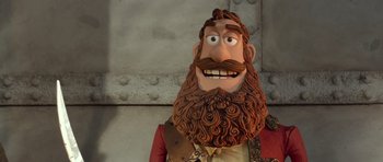 Movie still from “The Pirates! Band of Misfits” (2012), directed by Jeff Newitt – The face of a man with a long beard; Close Up shot, Low angle