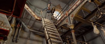 Movie still from “The Pirates! Band of Misfits” (2012), directed by Jeff Newitt – A staircase in an old building with decorations on the ceiling; Wide shot, Low angle