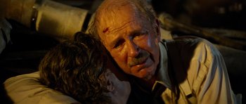 Movie still from “The Poseidon Adventure” (1972), directed by Ronald Neame – An old man with a beard and mustache is holding a young girl; Close Up shot, High angle