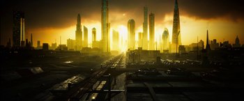 Movie still from “The Prince” (2014), directed by Brian A. Miller – An image of a city skyline with a train station in the foreground; Extreme Wide shot, Low angle